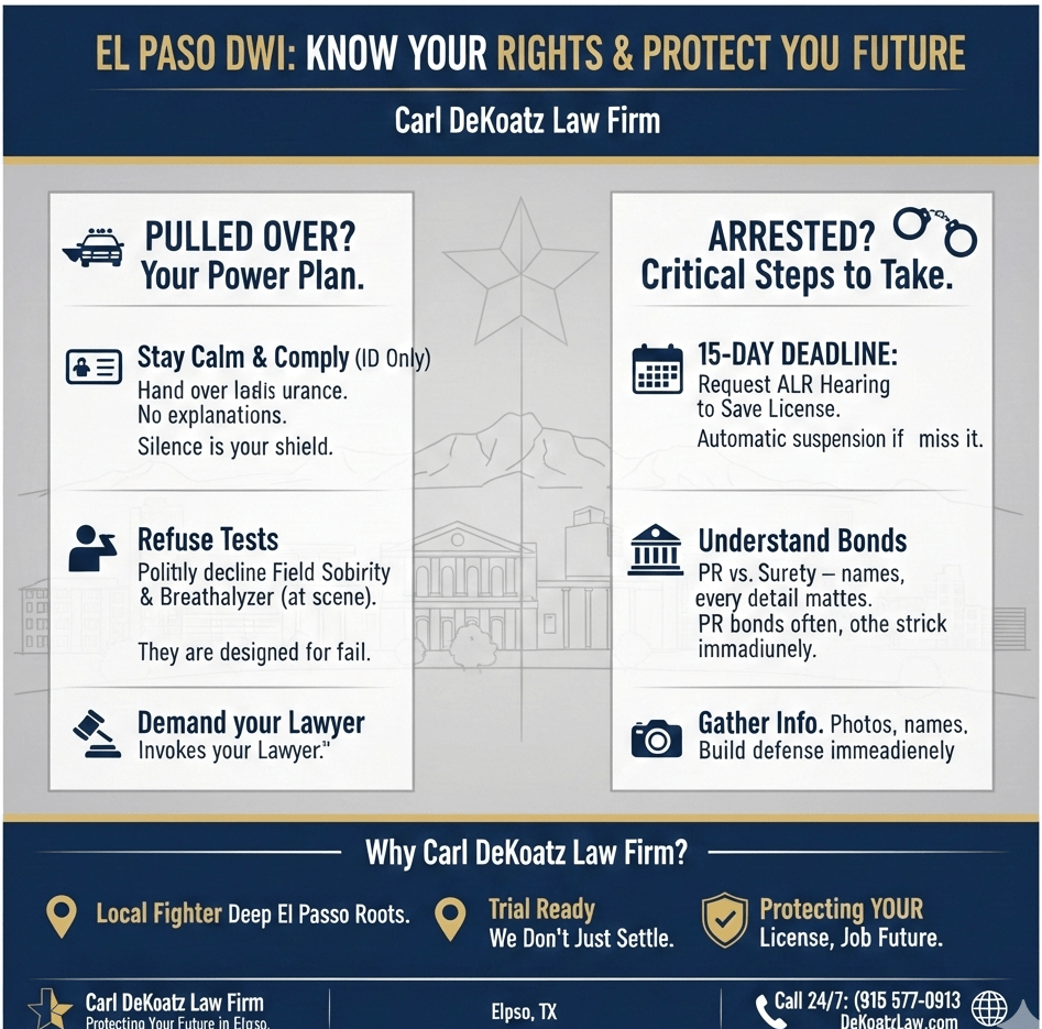 Infographic titled "EL PASO DWI: KNOW YOUR RIGHTS & PROTECT YOUR FUTURE" by the Carl DeKoatz Law Firm. The graphic is split into two actionable columns: Left Column: PULLED OVER? Your Power Plan Stay Calm & Comply: Provide ID and insurance only. Use silence as your shield. Refuse Tests: Politely decline field sobriety and roadside breathalyzer tests, as they are designed for failure. Demand your Lawyer: Explicitly invoke your right to legal counsel. Right Column: ARRESTED? Critical Steps to Take 15-Day Deadline: You must request an ALR Hearing within 15 days to prevent automatic license suspension. Understand Bonds: Compares PR vs. Surety bonds, noting that PR bonds often come with immediate, strict conditions. Gather Info: Build a defense immediately by documenting photos and names. Footer: Highlights Carl DeKoatz as a local fighter with deep El Paso roots and a trial-ready approach. Contact: (915) 577-0913 | DeKoatzLaw.com | 718 Myrtle Ave, El Paso, TX.