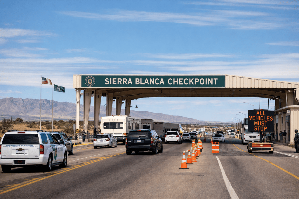Vehicles stopped at the Sierra Blanca Border Patrol checkpoint on Interstate 10 in West Texas, a well-known federal inspection and drug interdiction point east of El Paso.