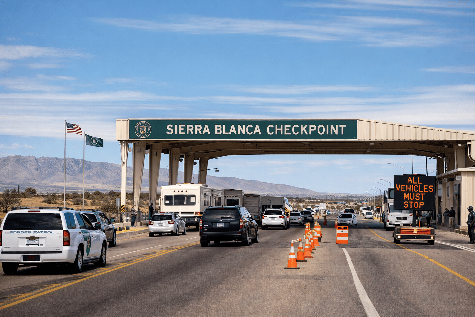 Vehicles stopped at the Sierra Blanca Border Patrol checkpoint on Interstate 10 in West Texas, a well-known federal inspection and drug interdiction point east of El Paso.