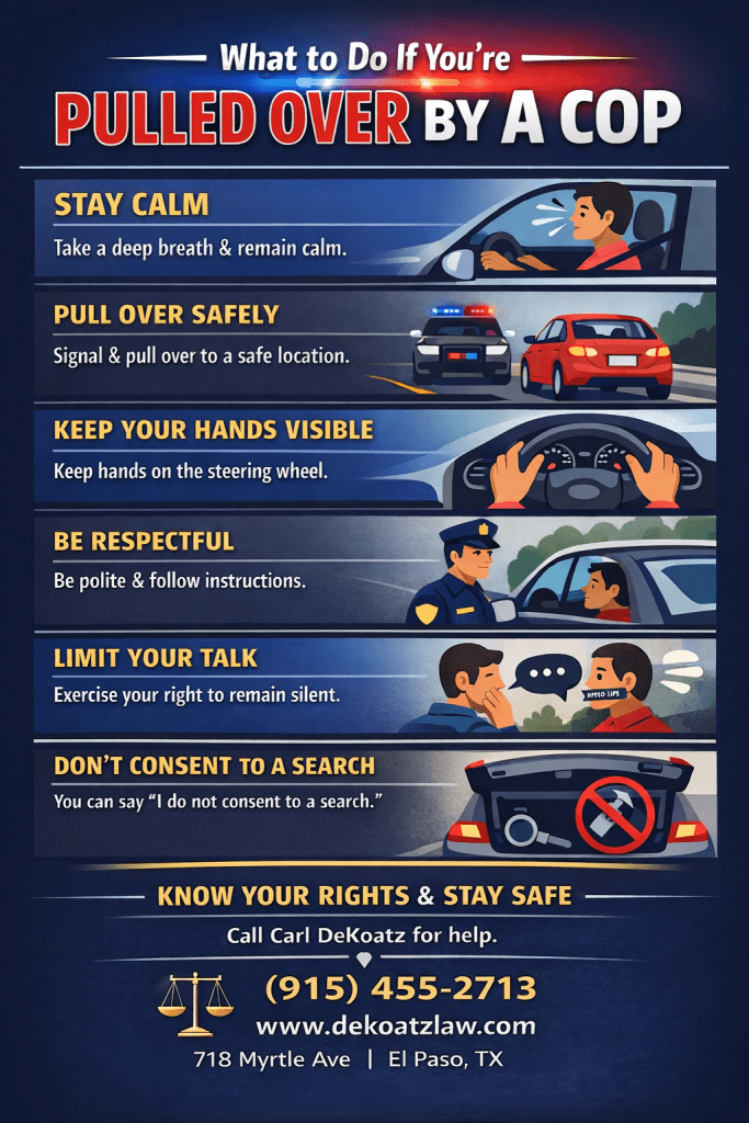 Infographic showing what to do if pulled over by a police officer in El Paso, Texas, including staying calm, keeping hands visible, and knowing your rights, with contact information for Carl DeKoatz Law Firm at 718 Myrtle Ave and phone number 915-577-0913.